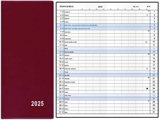 Diář Xenie, měsíční, kapesní, PVC, bordó 2025