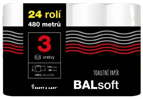Papír toaletní Balsoft, třívrstvý, celulóza, 20 m, 24 ks